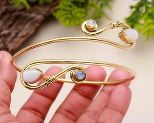 Gold Plated Brass Cuff <b>Bracelet</b> With Moonstone And Quartz Bezel Setting <b>Boho</b> Style Jewelry Handmade Bulk Product - Product Image 1