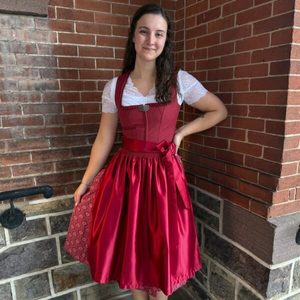 Women's Bavarian Style Dirndl <b>Dress</b> Red Satin A-Line Knee-Length with Apron V-Neck Short Sleeve Vintage Folk Costume - Product Image 1