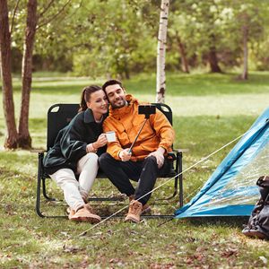 Sedia da Campeggio Portatile per 2 Persone con Braccioli in Legno e Portabicchieri per Spiaggia e Viaggi all'Aperto - Nera - Product Image 2