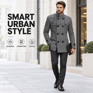 <b>Men's</b> Double Breasted Wool Overcoat Stand Collar Epaulets Long Slim Fit <b>Trench</b> <b>Coat</b> - Product Image 4