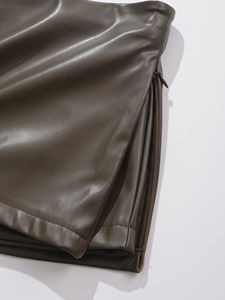 Minifaldas negras elegantes de moda coreana, faldas de piel sintética para mujer, faldas de talle bajo, falda de piel sintética con pantalones cortos, color marrón - Product Image 2