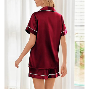 Camisón Sexy de Satén Color Granate para Mujer, Conjunto de Pijama de Manga Corta, Corte Holgado, Pantalones Cortos con Cintura Elástica - Product Image 4