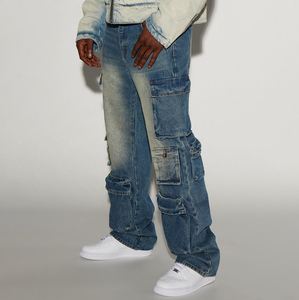 Pantalones Cargo de Mezclilla Lavada para Hombre, Corte Holgado, Cintura Media, Estilo Urbano, Tela de Algodón con Múltiples Bolsillos, para Otoño - Product Image 1