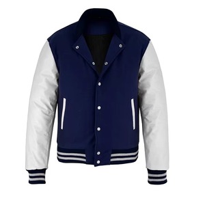 Hot Selling Men's Blue Fleece With White Leather Sleeves Varsity <b>Jacket</b> Customized Wholesale Fashionable Varsity <b>Jacket</b> - Product Image 1