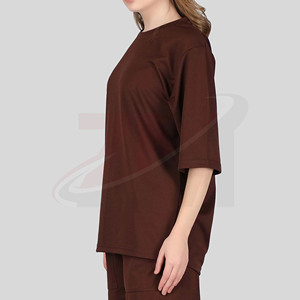 Camiseta de Algodón 100% Marrón, Cuello Redondo, Manga Tres Cuartos, Corte Holgado, Color Sólido, Tejido Transpirable, para Todas las Temporadas - Product Image 2
