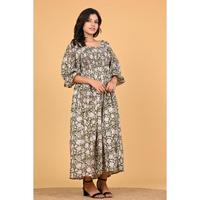 Robe maxi bohème en coton indien à imprimé floral pour femmes, robe à manches longues plissée pour les vacances d'été et les soirées