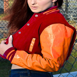 Veste courte universitaire pour femme, style Letterman, rouge et orange, avec manches en similicuir, vêtement d'extérieur décontracté, mode féminine - Product Image 2
