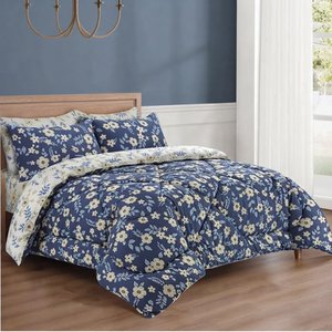 Juego de Edredón con Estampado Floral, Reversible, Patrón Azul y Blanco, Cosido, 100% Algodón T-150, Transpirable para Todas las Estaciones, Uso Doméstico - Product Image 3