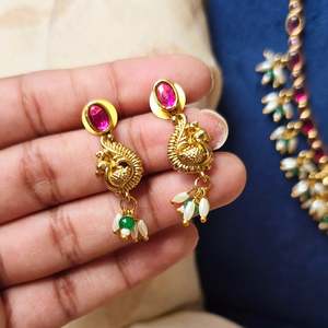 Trendy Designer Gold Plated Zircon and Pearl Earring Set for Wedding - Product Image 6