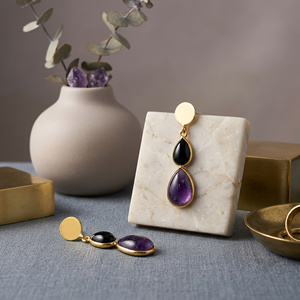 Natural <b>Black</b> Onyx and Purple Amethyst Dangle <b>Earrings</b> Handmade Gold Plated Statement <b>Earrings</b> Pear Gemstone Disc Drop <b>Earrings</b> - Product Image 1