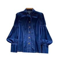 Blusas de Mezclilla Elegantes con Cuello de Lazo y Manga Larga para Otoño, Camisas con Lazo para Mujer, Tops Elegantes para Dama, Ropa al por Mayor para Mujer
