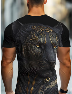 Men s O Neck Short Sleeve Printed T Shirt Black Panther Design Gold Pattern Casual Slim Fit Breathable Front Logo <b>Light</b> weight - Product Image 5