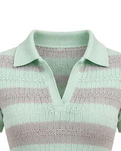 Mono de punto a rayas verde menta y gris para mujer, manga corta, cuello polo, algodón, informal de verano, de una pieza, ajustado, personalizado - Product Image 4