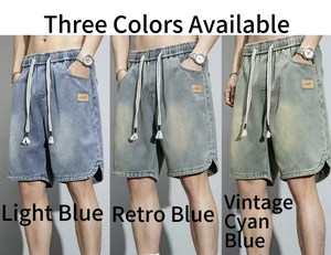 Shorts décontractés pour hommes, coupe ample, longueur genou, couleur unie, qualité supérieure, effet vintage délavé, avec cordon de serrage, taille élastique, infroissable - Product Image 2