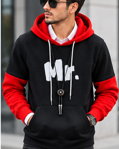 เสื้อฮู้ดพิมพ์ลาย Mr. Letter แบบสวมใส่ได้ทั้งชายและหญิง สีดำแดง ตัดต่อสี  ถักทอแบบสวมหัว ทรงปกติ เหมาะสำหรับใส่ในฤดูหนาว ผลิตจากผ้าฝ้าย 100% - Product Image 3