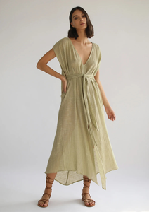 เดรสผ้าฝ้ายสีเขียวมะกอกทรงยาวสำหรับผู้หญิง แบรนด์ OEM เอวธรรมชาติ สายคาดเอวรักษ์โลก คอวีลึก สไตล์โบฮีเมียน ช่วงฤดูร้อน ผ่าหน้า - Product Image 3