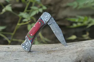 Cuchillo Plegable Recto de Acero de Damasco Hecho a Mano DIY con Bloqueo Trasero, Mango de Madera Pakka Multicolor, Personalizable OBM OEM para Camping - Product Image 5