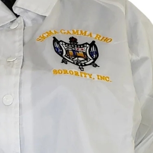 <b>Womens</b> White Embroidered Sigma Gamma Rho Windbreaker <b>Jacket</b> Long Sleeve Button Front Collared <b>Lightweight</b> Casual Outerwear - Product Image 5