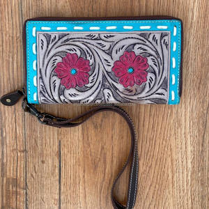 กระเป๋าคลัทช์งานประดิษฐ์ทำจากหนังแท้สำหรับผู้หญิงกระเป๋าสตางค์อเนกประสงค์ลายดอกไม้สีแดง - Product Image 4