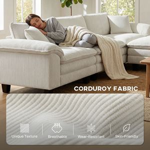Divano Sezionale a L Beige a 3 Posti con Seduta Profonda, Pouf Mobile e Braccioli Imbottiti in Piuma - Product Image 6
