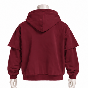 Maroon Double Layer <b>Hoodie</b> Heavyweight <b>Short</b> <b>Sleeve</b> Overlay Long <b>Sleeve</b> Pullover Oversized Casual Streetwear Hooded Sweatshirt - Product Image 2