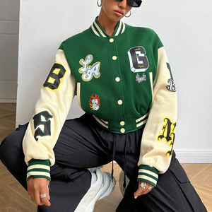 Green Cream Varsity Jacket Women Full Sleeve Letter Print Turn-down Collar Single Breasted Autumn Wear - Product Image 6
