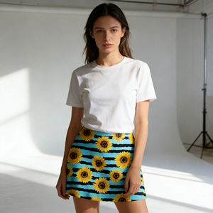 Ventes flash sur Temu |   Jupe évasée tendance à imprimé tournesol, mini-jupe taille haute à rayures turquoise et noires pour l'été - Product Image 3