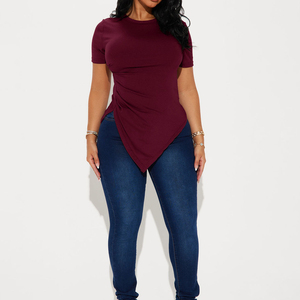 T-shirt d'été ajusté en maille pour femme, col rond asymétrique, 100 % coton, manches courtes, coupe allongée - Product Image 3