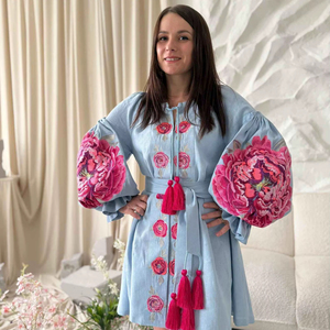 Robe courte en coton bohème pour femmes, broderie florale épaisse, manches bouffantes, ceinture à franges, coupe ample, mini-robe - Product Image 1