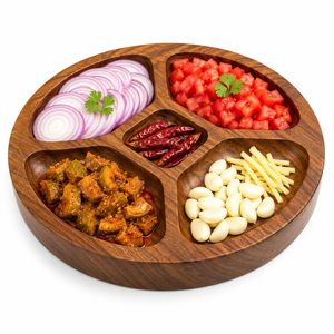 Assiette de service ronde en bois d'acacia avec 5 compartiments, plat divisé fait main pour la présentation des aliments lors de fêtes, style chinois traditionnel - Product Image 1