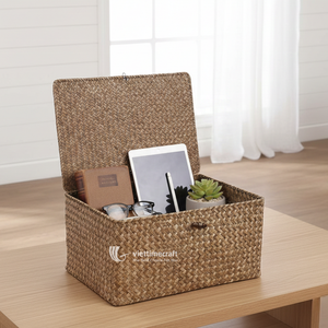 Coffre rectangulaire en osier tressé à la main en jonc de mer avec couvercle pour l'organisation de la maison - Product Image 3