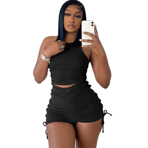 Women's Gray Ribbed 2 Piece <b>Set</b> Halter Top With Zipper Shorts <b>Sexy</b> Club Wear Spring Summer Outfit - Product Image 2