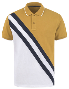 Polo en piqué pour homme, rayé moutarde, blanc et bleu marine, à blocs de couleur, manches courtes, coupe classique, décontracté, tricoté, avec bordure contrastante - Product Image 1