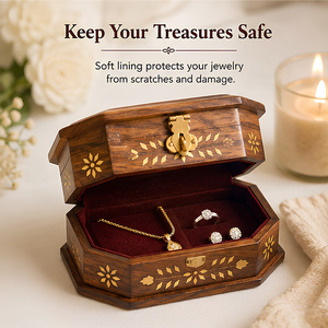 <b>Wooden</b> Jewelry Storage Box | Compact Soft Lining Organizer | Ring Necklace Earring Holder | Natural Handmade Indian Craft Gift - Product Image 2