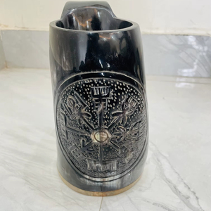 Viking logo design handcraft buffalo ox horn <b>beer</b> mug tankard hand carved kitchenware <b>table</b> decor authentic top sale - Product Image 1