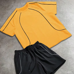 Conjunto Deportivo para Hombre, Camiseta Amarilla de Cuello Redondo y Manga Corta, Pantalones Cortos Negros con Cintura Elástica, Tejido de Poliéster de Secado Rápido, Ropa de Verano - Product Image 1