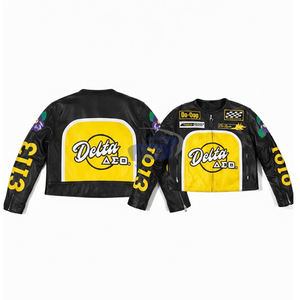 Chaqueta de Motociclista de Cuero Sintético Negro y Amarillo de la Hermandad Delta Sigma Theta DST con Letras Griegas Bordadas para Mujer - Product Image 3