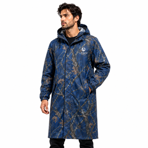 New Custom Blue Camo Thin Waterproof Hooded Long Outdoor Hunting & Fishing Windproof Hiking <b>Rain</b> <b>Coat</b> OEM ODM - Product Image 2