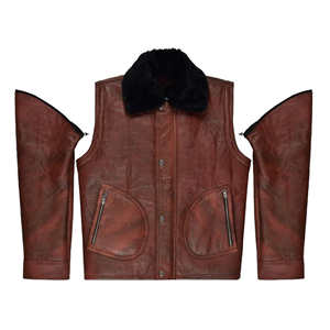 Veste en cuir marron vintage pour homme, col en fourrure noire, manteau d'hiver en peau de mouton véritable, doublure en polaire chaude, veste de motard - Product Image 6