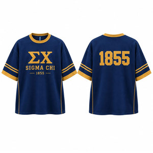 Sigma Chi 1855 T-shirt surdimensionné à manches courtes pour homme, bleu, avec bordure contrastée dorée, décontracté, col rond, en jersey de coton - Product Image 4
