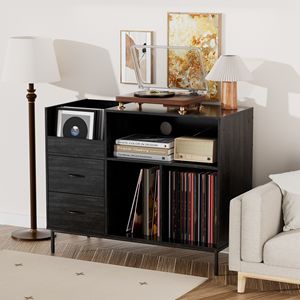 Support pour tourne-disque en bois grainé noir avec prise de courant, couvercle rabattable, table pour plus de 300 vinyles, étagères pour CD, console multimédia - Product Image 3