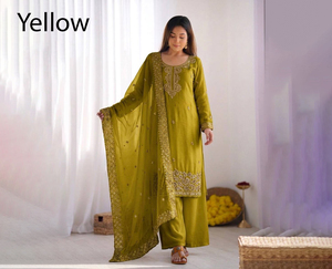 Conjunto de Kurta y Palazzo de Seda Amarilla para Mujer, Ropa Tradicional Étnica, Corte Regular, Largo Midi, Sin Arrugas, Estilo Indio-Pakistaní, para Diwali - Product Image 1