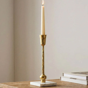 Square Marble Base Gold Candle Holder Gold <b>Brass</b> <b>Candlestick</b> Holder with Marble Base for Home Decoration - Product Image 1