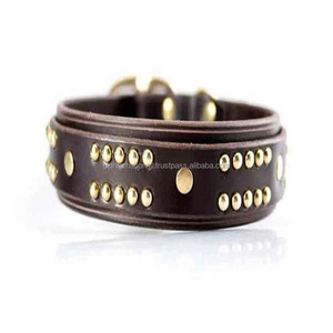 Collar de cuero para perro, accesorio acolchado hecho a mano de alta resistencia, decorado con tachuelas de latón macizo, doble capa, resistente, cosido, oro rosa - Product Image 1