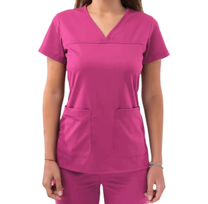 Women's Green V-Neck <b>Scrub</b> <b>Top</b> With Pockets Hospital Uniform Stretch Cotton Polyester Blend Woven Fabric - Product Image 2