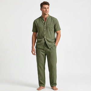 Ensemble de pyjama en satin de coton vert uni pour homme, chemise à manches courtes et pantalon long, respirant, décontracté, pour l'été, coupe ample, anti-rétrécissement, 140g - Product Image 3