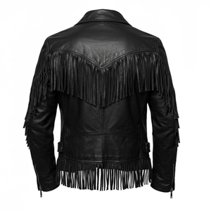 Men's Black Genuine Leather <b>Biker</b> <b>Jacket</b> With Fringe Turn-down Collar Zipper Closure Regular Fit Autumn Wear - Product Image 5