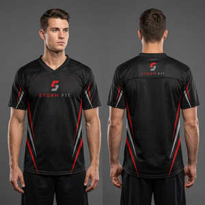 Maillot de football américain pour homme Storm Fit, col en V, manches courtes, noir, 100 % polyester, séchage rapide, imprimé par transfert thermique, maille athlétique - Product Image 1