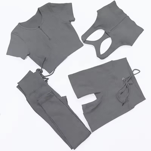 Conjunto de Yoga de 4 Piezas: Top Corto de Cintura Alta, Pantalones Cortos Tipo Racerback, Leggings Largos, Color Sólido, Spandex, Poliéster, Elástico - Product Image 1
