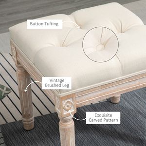 Antique 15.75\" Tufted Foot <b>Stool</b> Vintage Ottoman Rustic Wood Legs Beige Upholstered Seat Bench for Home Office <b>Bedroom</b> Living - Product Image 4